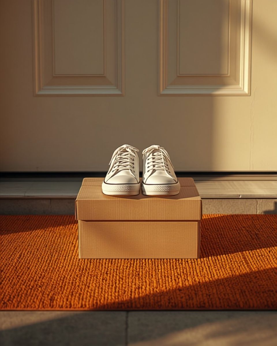 A pair of sneakers on a cardboard box outside a front door