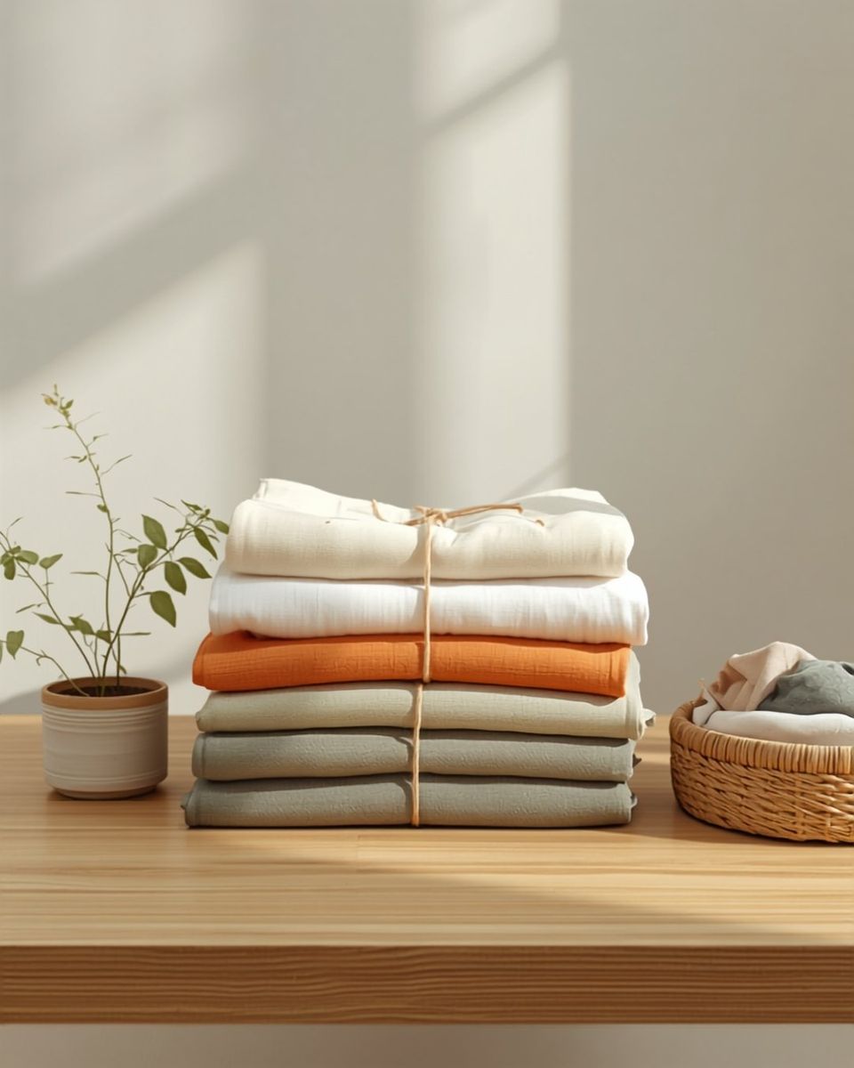 A neat stack of folded clothes tied with twine beside a small plant