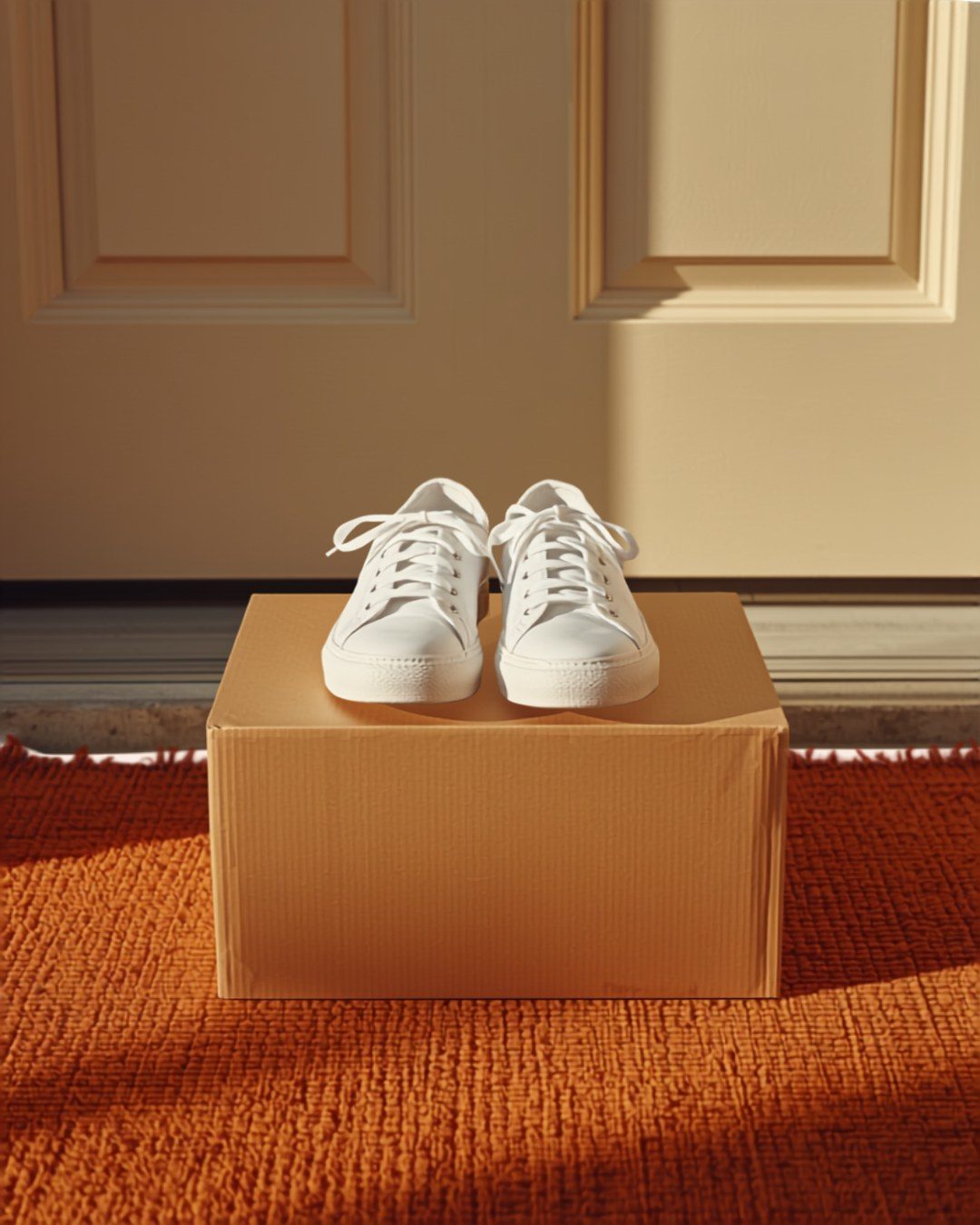 A pair of sneakers on a donation box at a front door