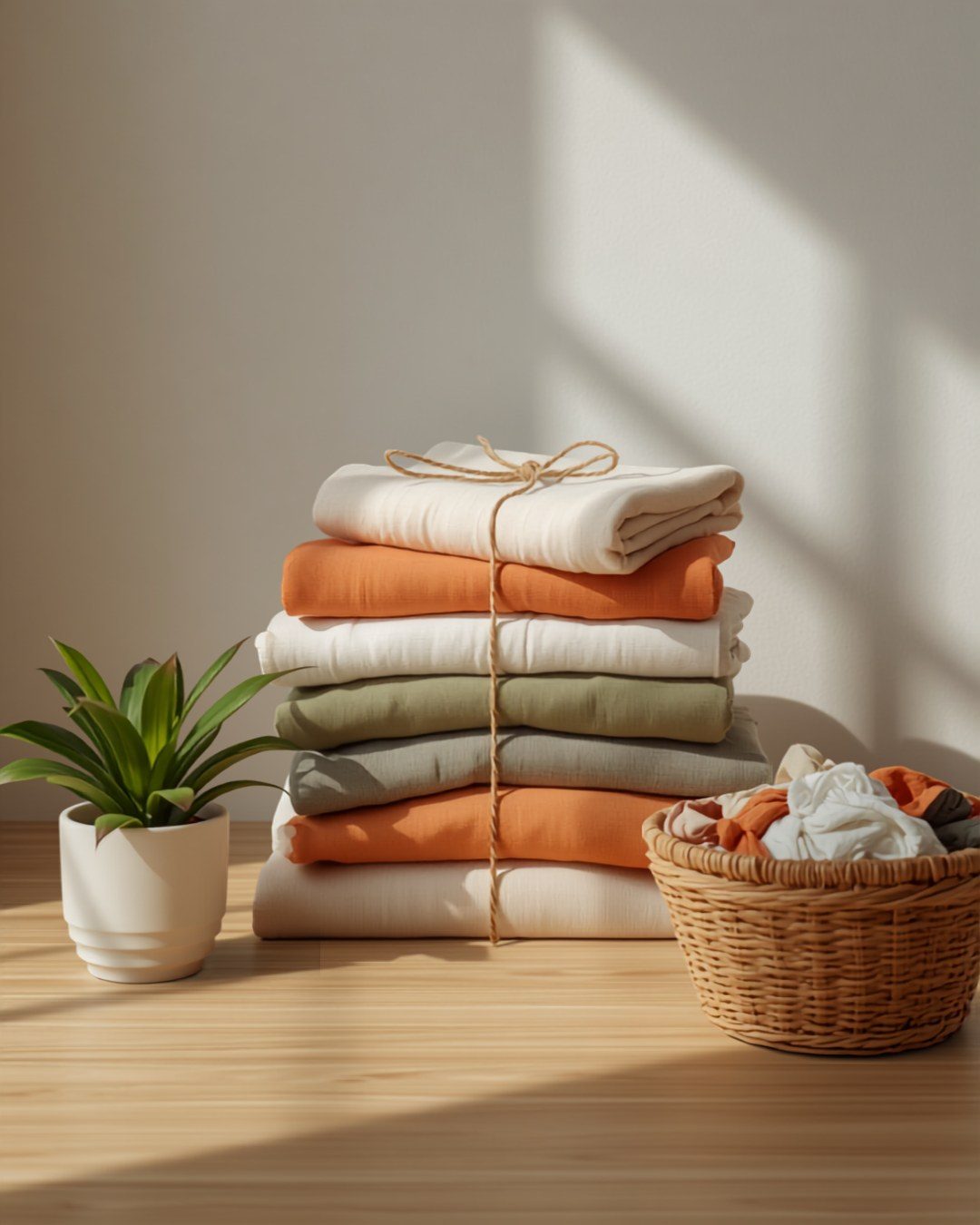 Neatly folded clothes stacked and ready to pass on